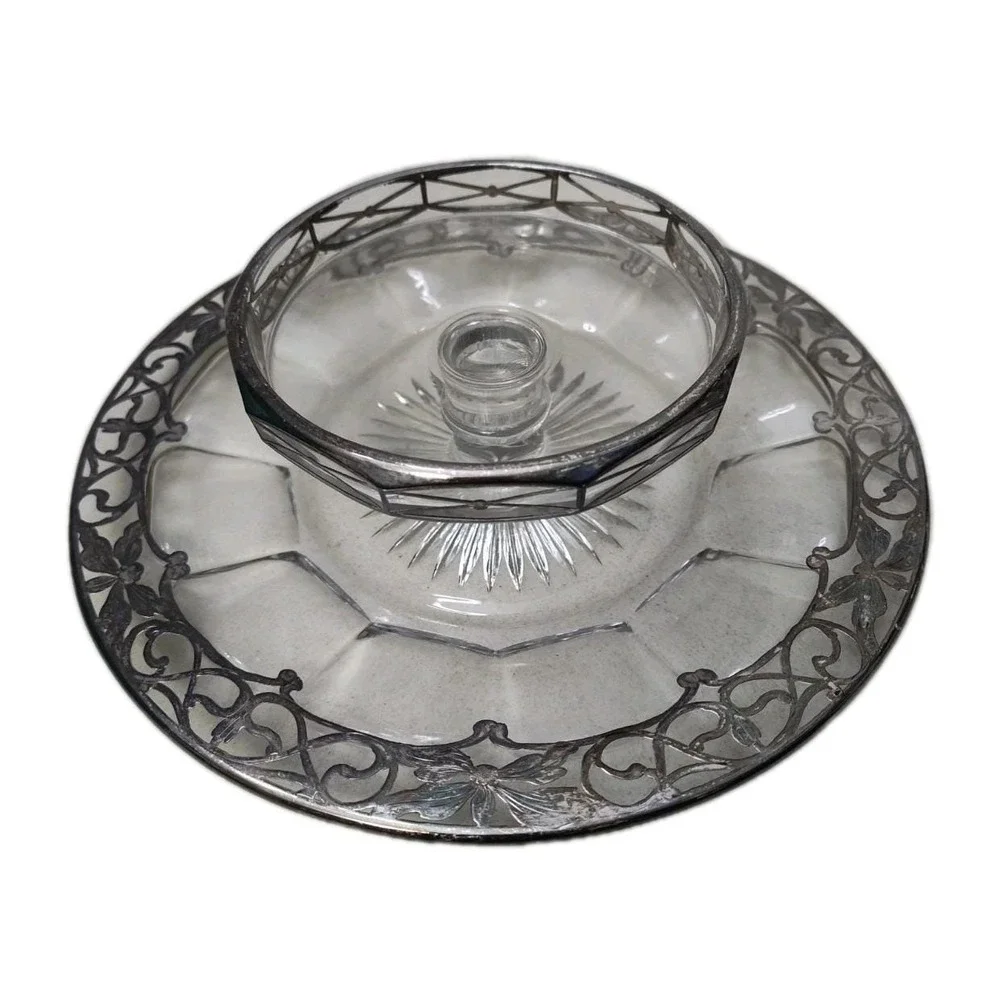 Sterling Silver Overlay Tiered Tray Cut Crystal Star Bottom Ornate Heisey Clear